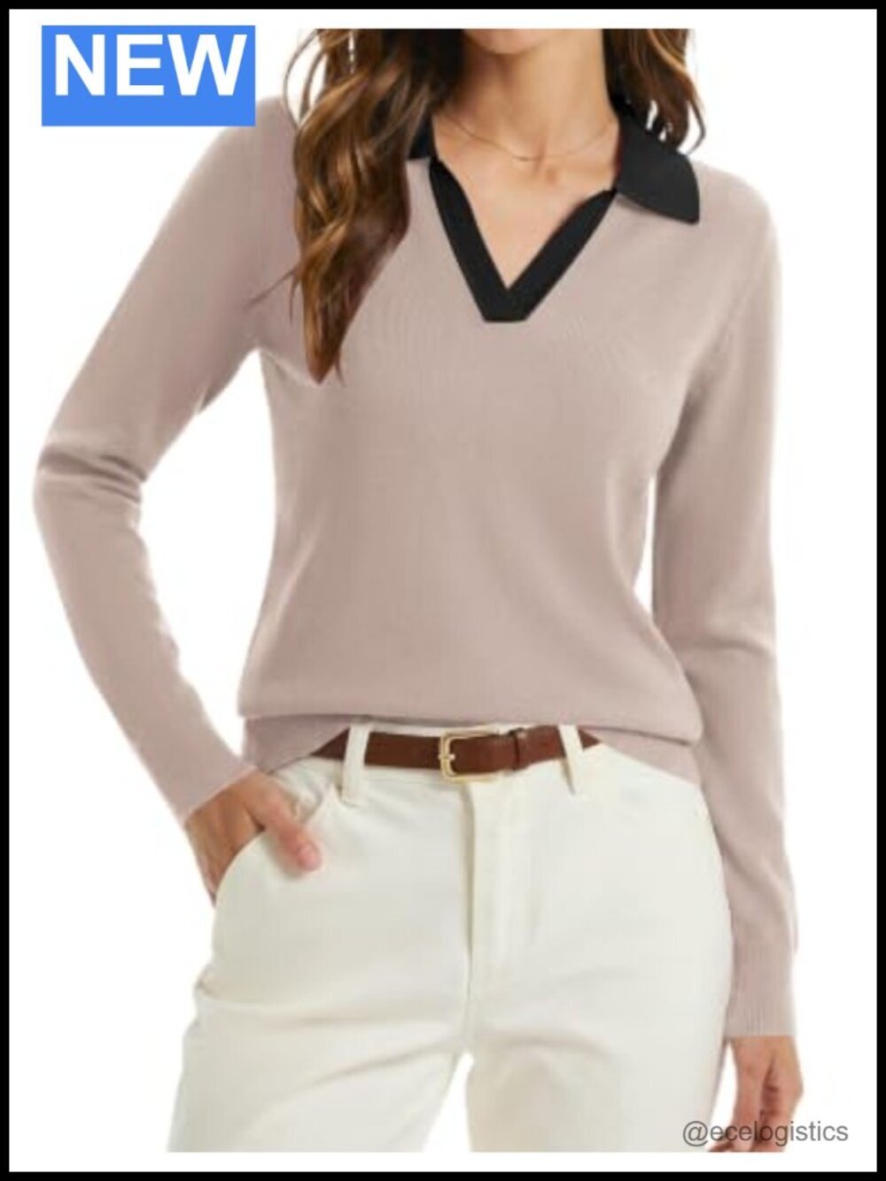 Long Sleeve Sweater Polo Collar V Neck Business Casual Pullover Knit Top